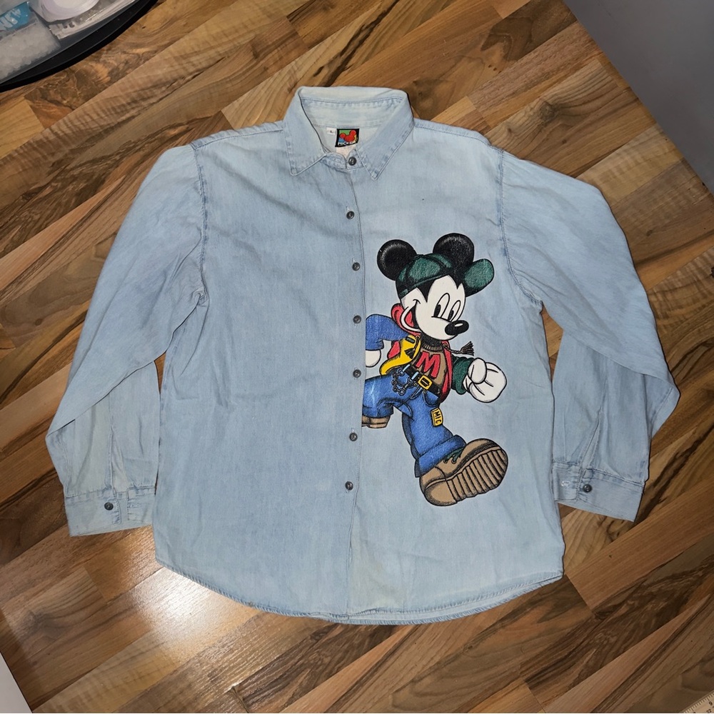 90's Mickey Mouse Hip Hop Style Disney Denim Button Up CharacterTee Large